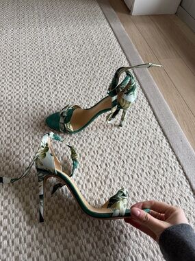 Alexandre Birman Green Floral Ankle-Tie Stilettos